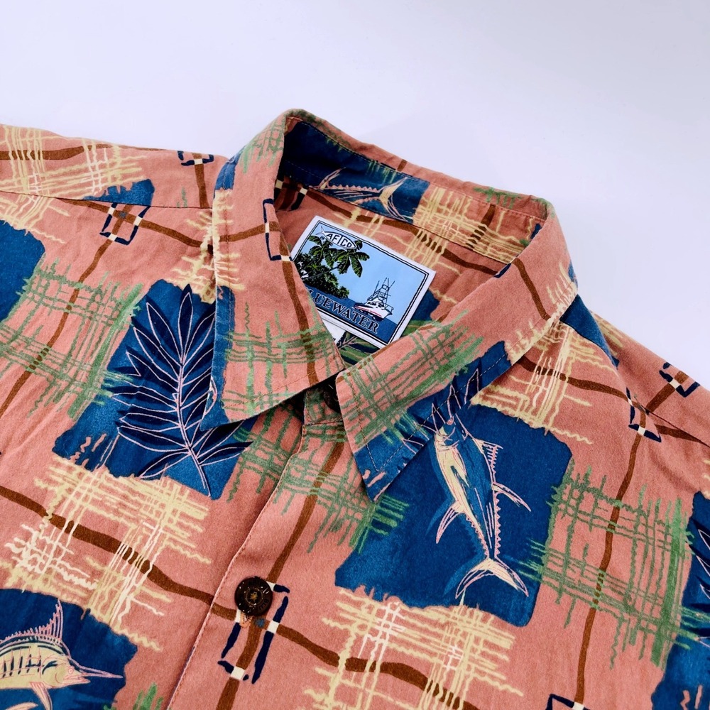 AFTCO Bluewater Hawaiian Fishing‎ Shirt Fish Print Rayon Cotton Mens XL